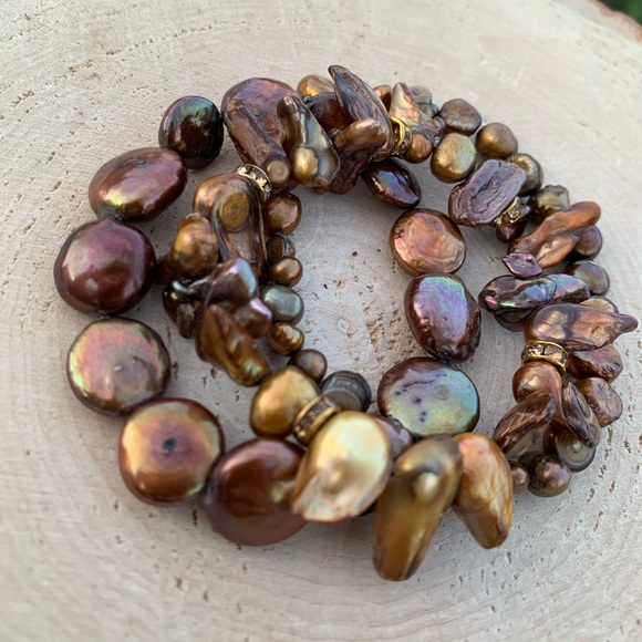 Natural Brown & Copper Cultured Baroque High Luster Freshwater Pearl Bracelets - Picture 2 of 15